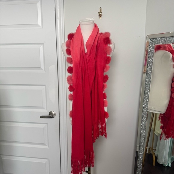 Red and Pink Scarf with rabbit fur Pom-Poms y2k glam - Picture 7 of 7